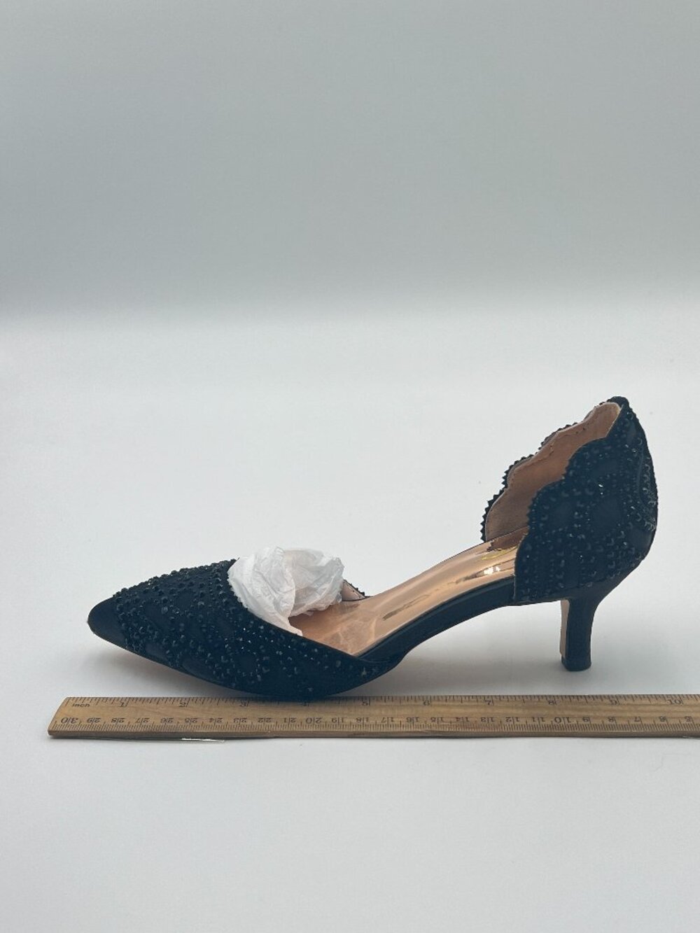XYD Black Pumps, Elegant Pointed Toe, D'Orsay Kitten Low Heels, Rhinestone Shoes